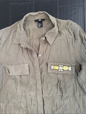 H&M Olive Embellished Pocket Button Shirt